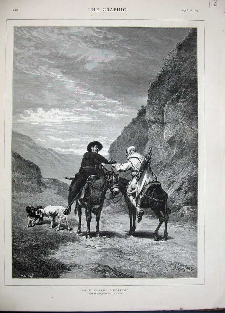 Original Old Antique Print Louis Guy Fine Art 1879 Man Horses Dogs Country 19th