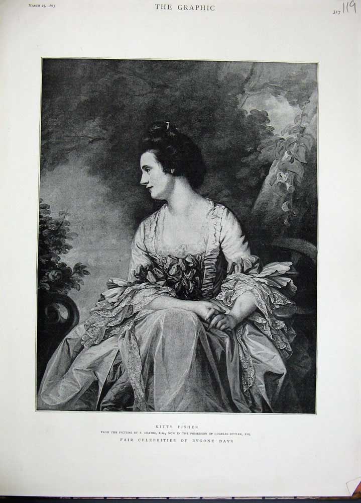 Original Old Antique Print 1893 Portrait Kitty Fisher Charles Butler Art 19th