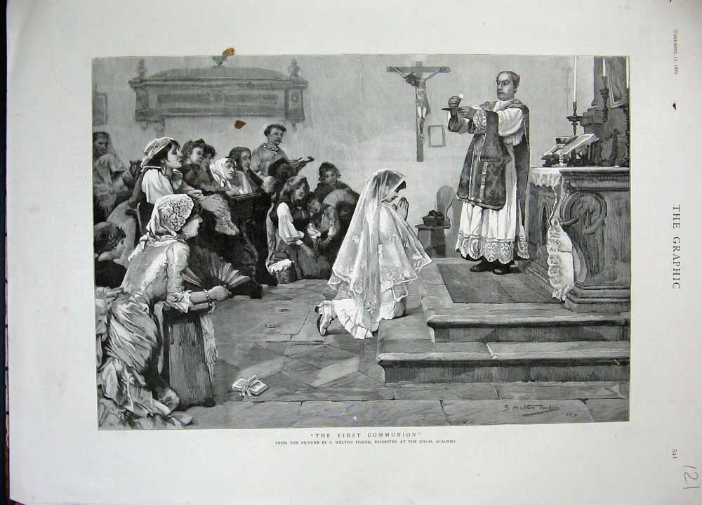 Original Old Antique Print 1887 Royal Academy Art Girl First Communion Church