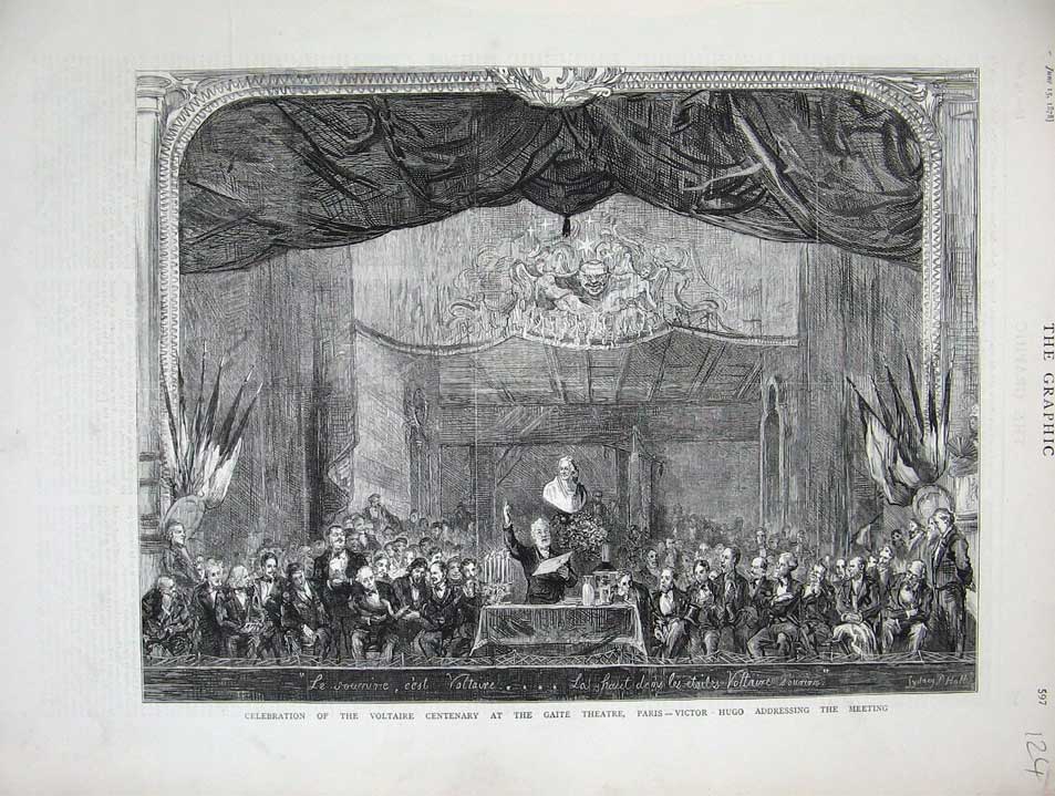 Old Antique Print 1878 Gaite Theatre Paris Victor Hugo Voltaire Centenary 19th