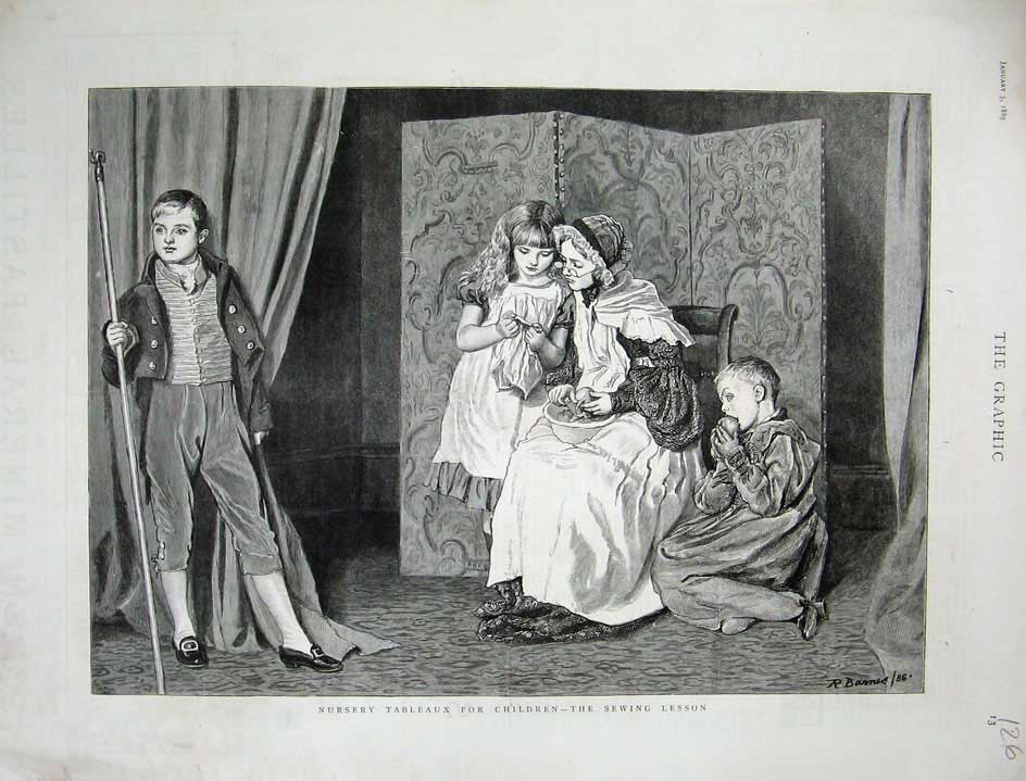Old Antique Print 1889 Nursery Tableaux Children Sewing Lesson Fine Art 19th