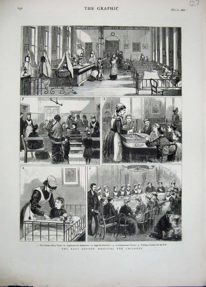 Old Antique Print 1878 London Hospital Children Princess Mary Ward Nurse 19th
