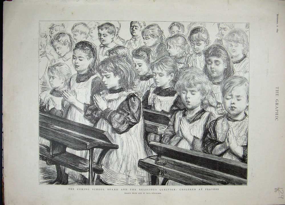 Original Old Antique Print 1894 Children Prayers School Uniform Paul Renouard