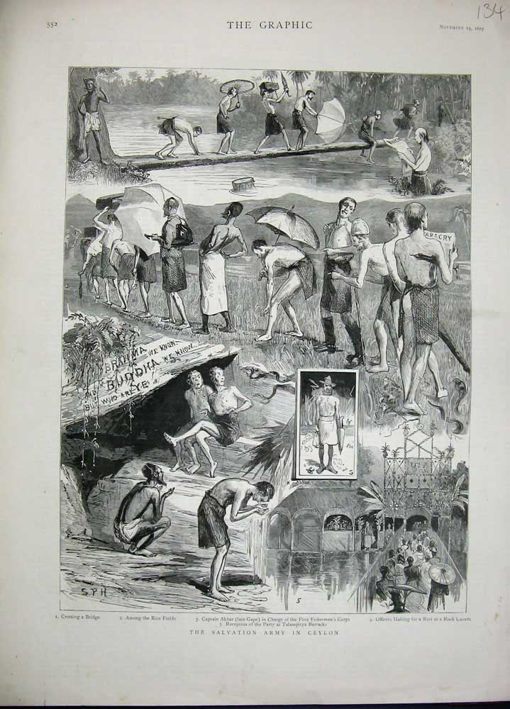 Old Antique Print Salvation Army Ceylon 1887 Rice Captain Akbar Barracks 19th