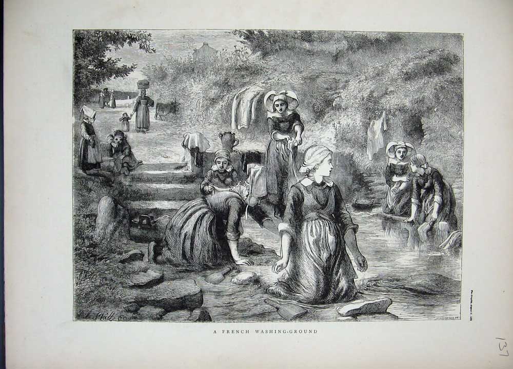 Original Old Antique Print 1870 French Washing Ground Women Children France