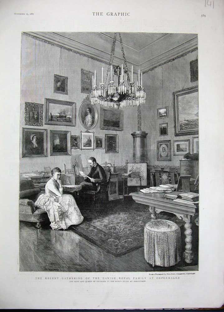 Old Antique Print 1887 Danish Royal Family Copenhagen King Queen Denmark 19th