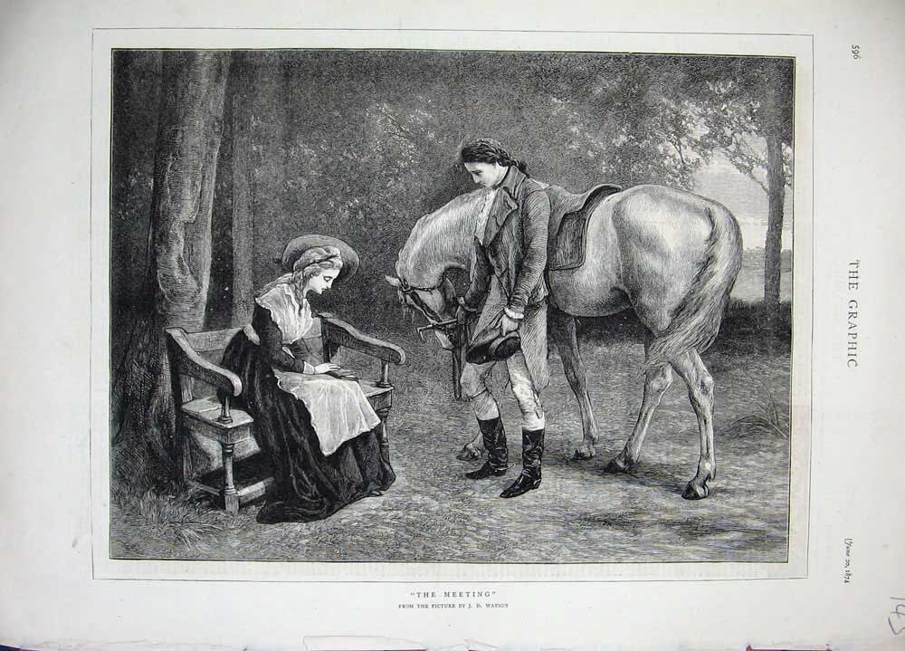 Original Old Antique Print 1874 Watson Man Woman Horse Country Bench Victorian
