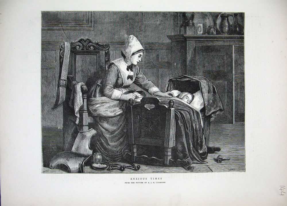 Original Old Antique Print 1871 Luxmoore Fine Art Lady Woman Baby Cradle Crib