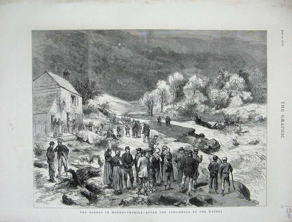 Old Antique Print 1875 Floods Monmouthshire People Trees Houses Country 19th