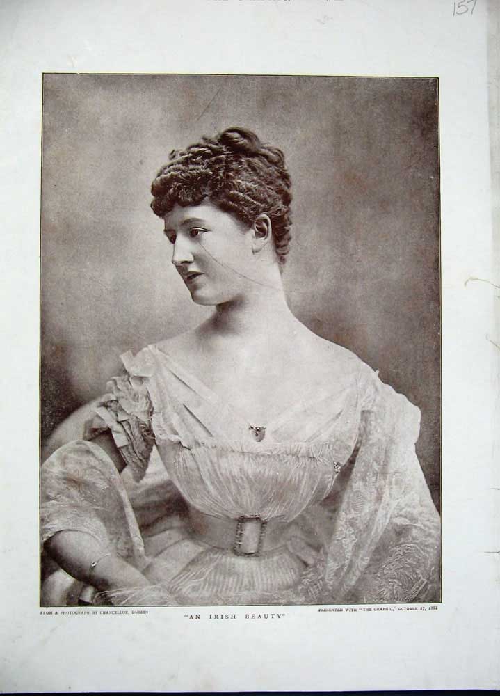 Original Old Antique Print 1888 Irish Beautiful Lady Woman Portrait Victorian