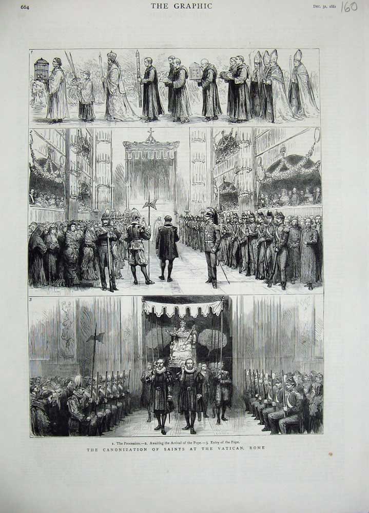 Old Antique Print 1881 Canonization Saints Vatican Rome Pope Procession 19th