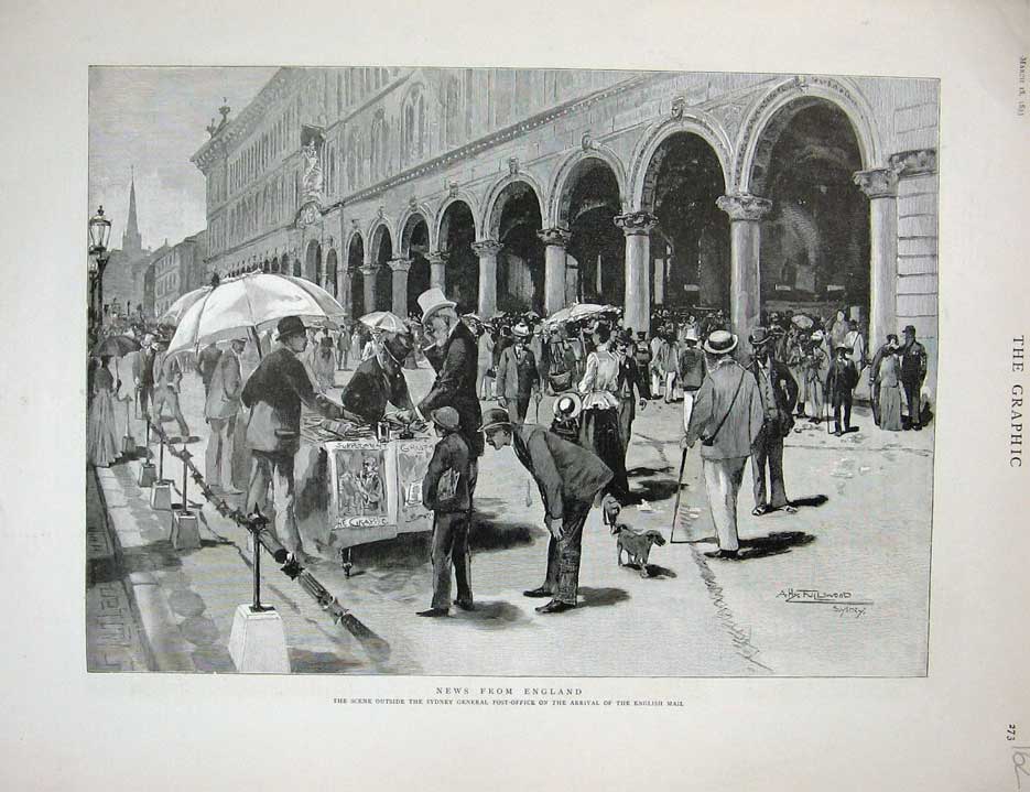 Old Antique Print 1893 Sydney General Post Office Australia English Mail 19th
