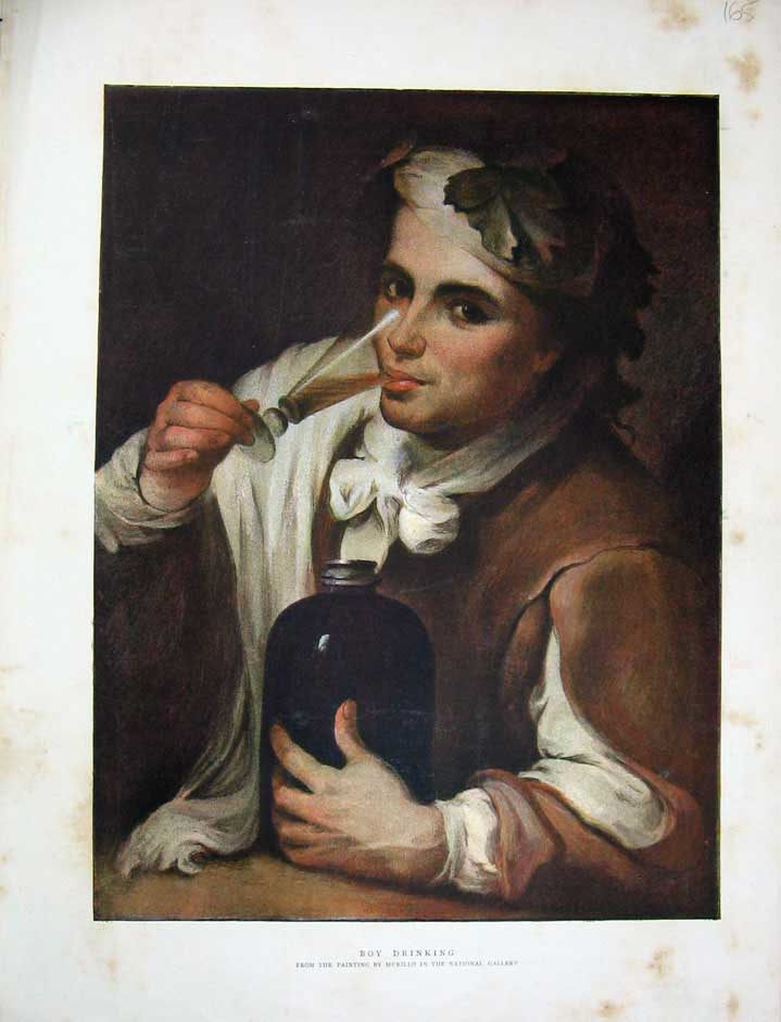 Original Old Antique Print C1870 Colour Murillo National Gallery Boy Drinking