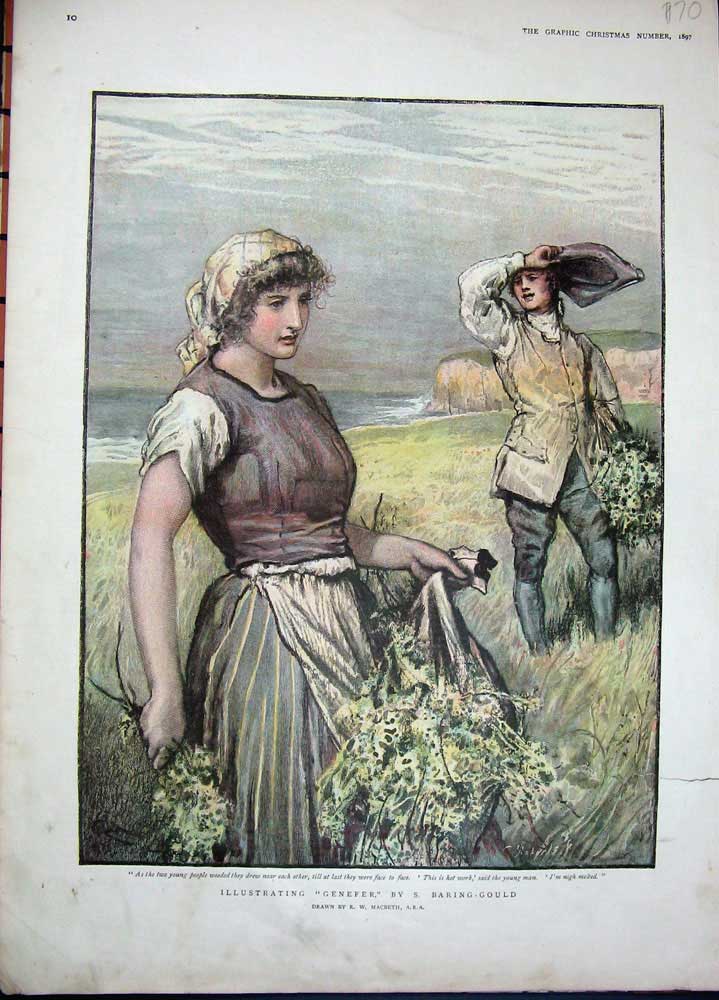 Original Old Antique Print 1897 Colour Woman Man Gathering Flowers Field 19th