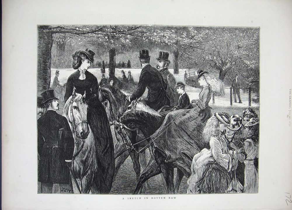 Original Old Antique Print 1872 Rotten Row Horses Men Women Children Fine Art