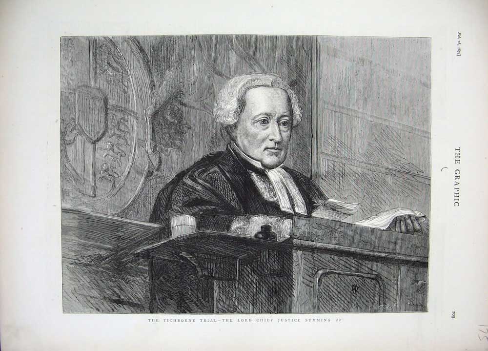 Old Antique Print 1874 Tichborne Trial Lord Chief Justice Court Room Art 19th