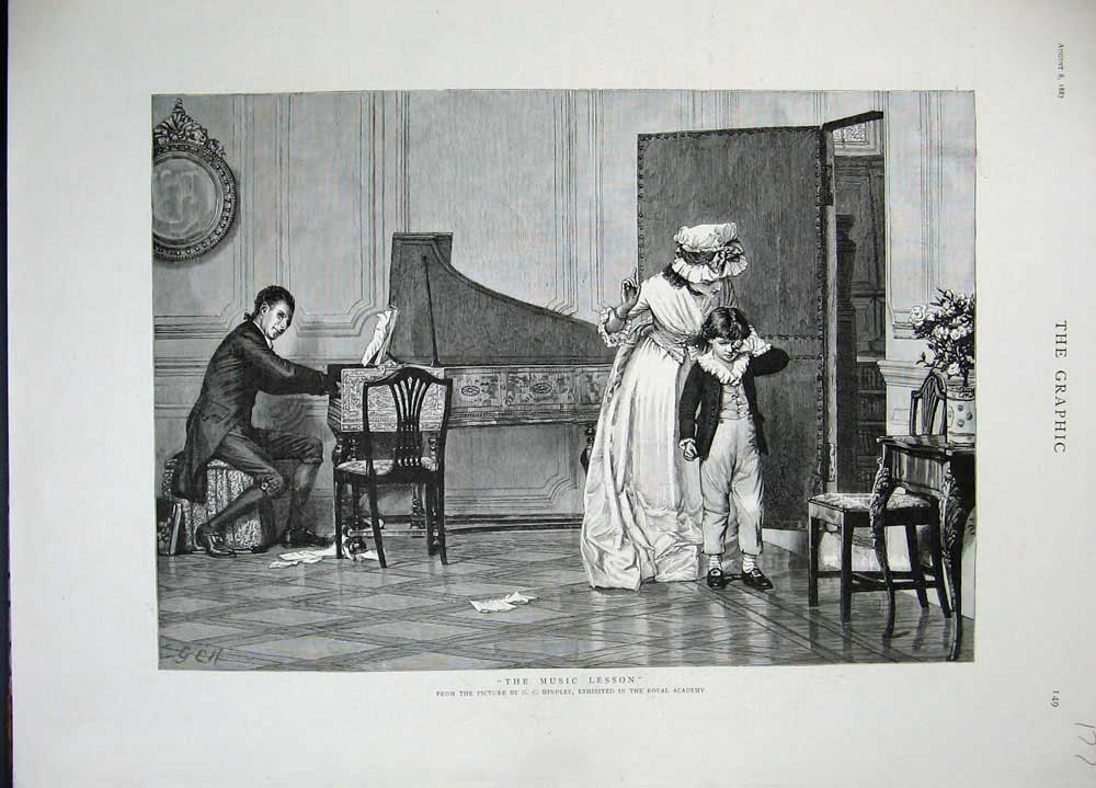 Original Old Antique Print 1887 Young Boy Music Lesson Piano Man Mother Hindley