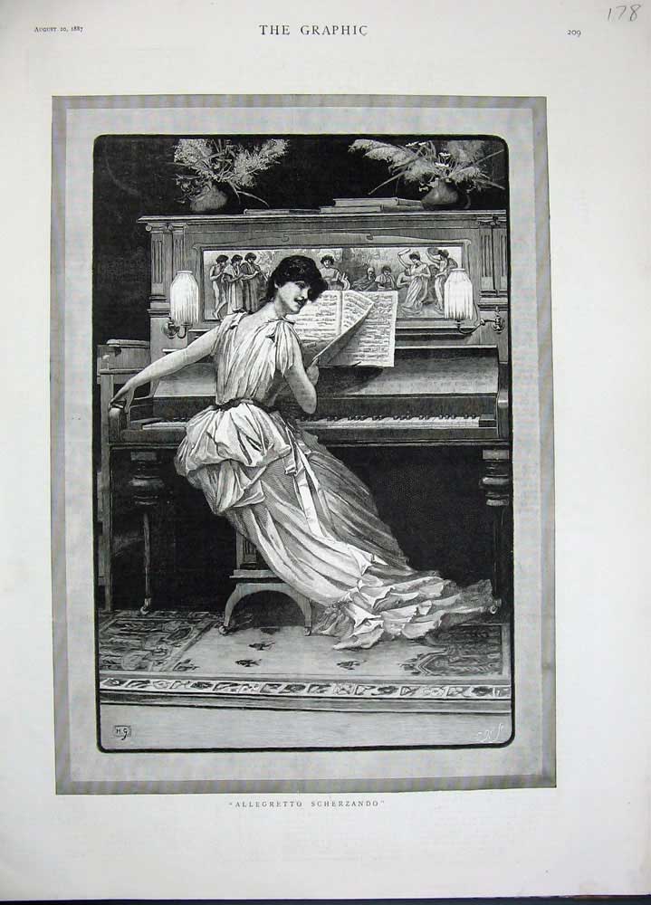 Original Old Antique Print Allegretto Scherzando Fine Art 1887 Lady Piano Woman