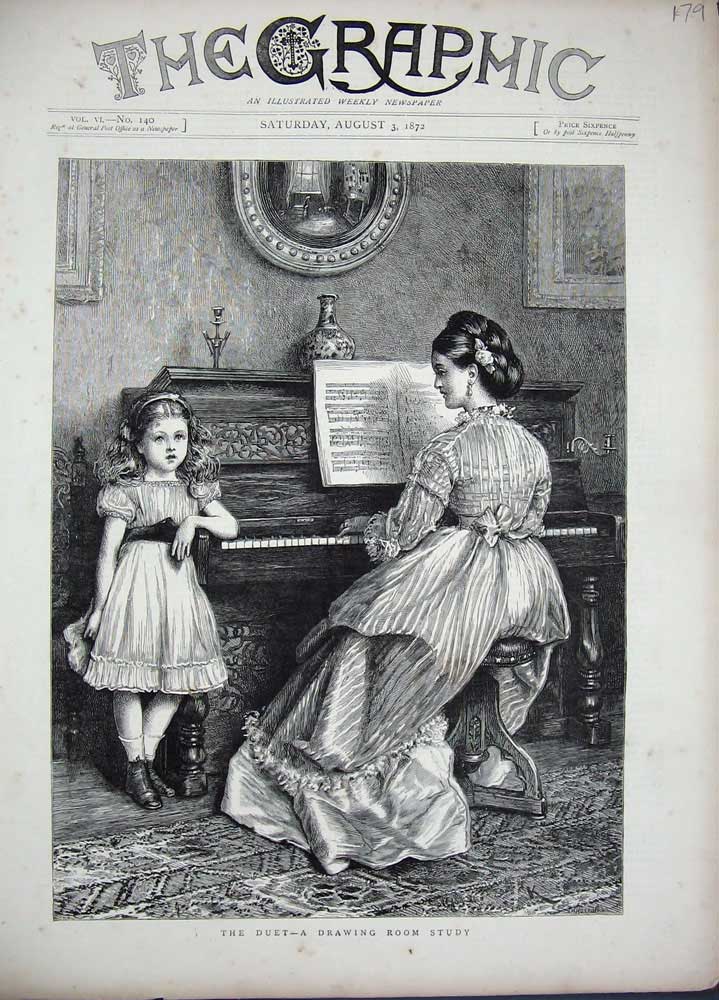 Old Antique Print 1872 Little Girl Woman Lady Music Duet Piano Fine Art 19th