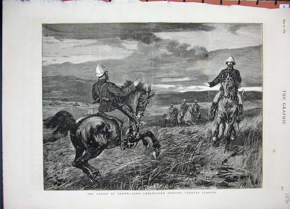 Original Old Antique Print 1879 Ekowe Lord Chelmsford Colonel Pearson War Art
