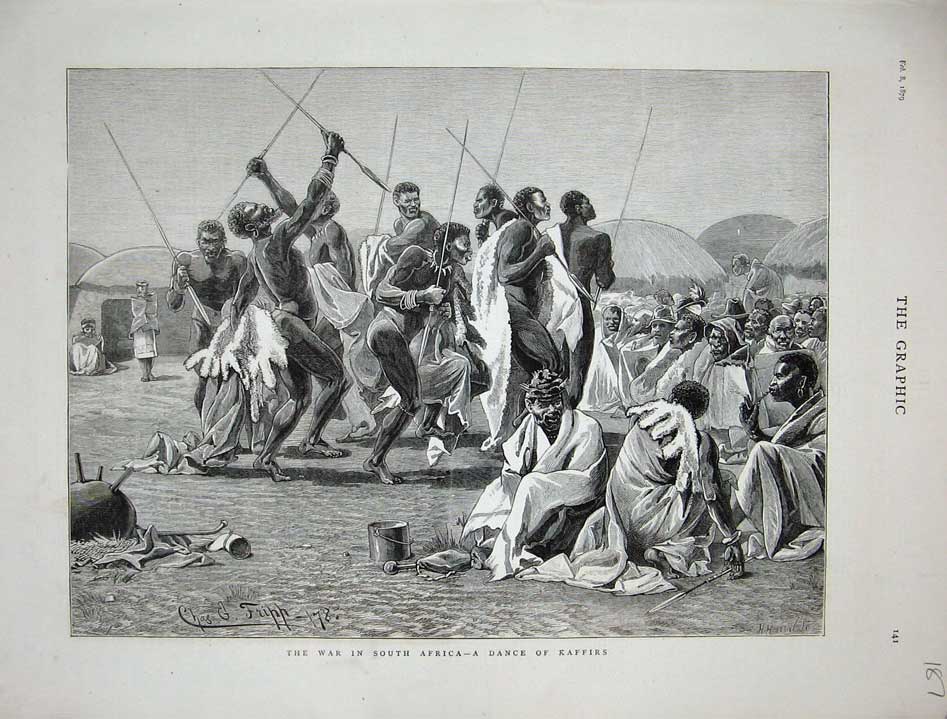 Original Old Antique Print 1879 War South Africa Dance Kaffirs Natives Fine Art