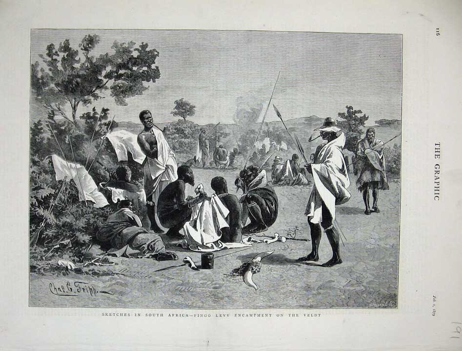 Old Antique Print 1879 South Africa Fingo Levy Encampment Veldt Fine Art 19th