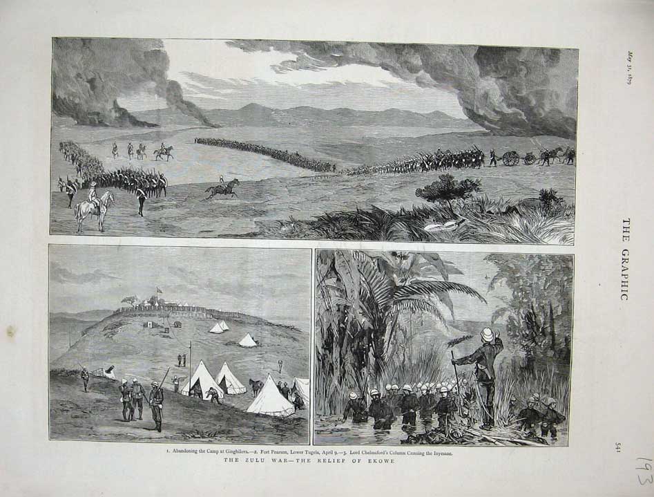 Original Old Antique Print 1879 Zulu War Ekowe Camp Ginghilova Fort Pearson Art