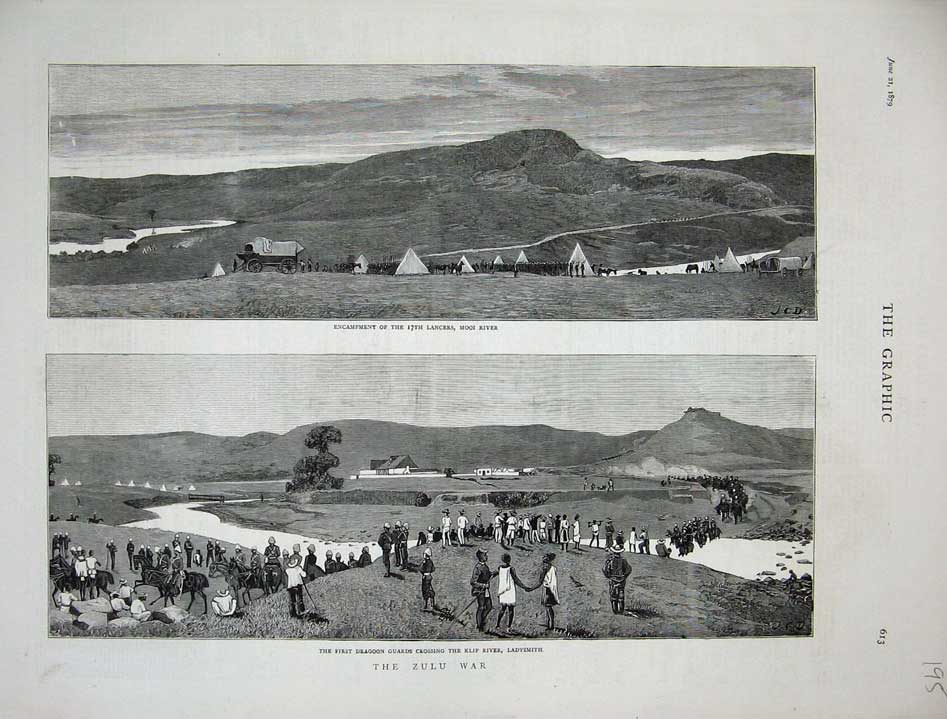 Old Antique Print 1879 Zulu War Encampment Klip River Mooi Ladysmith Art 19th
