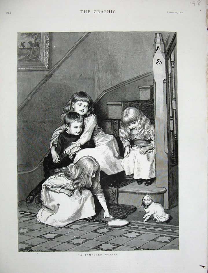 Old Antique Print 1887 Little Children Stairs Saucer Milk Cat Kitten Pet 19th