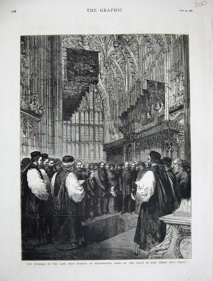 Old Antique Print 1881 Funeral Dean Stanley Westminster Abbey King Henry 19th