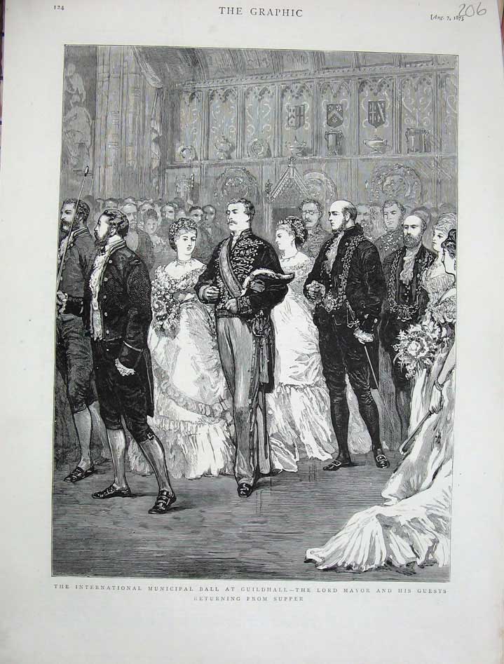 Original Old Antique Print Municipal Ball Guildhall Lord Mayor London Art 1875