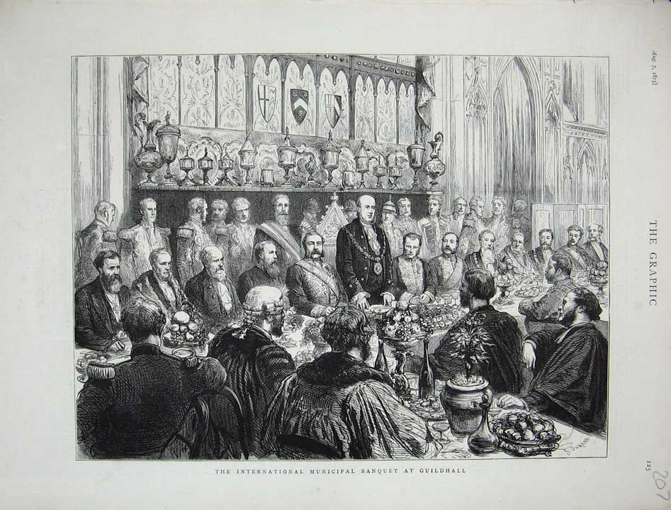 Old Antique Print 1875 International Municipal Banquet Guildhall London 19th