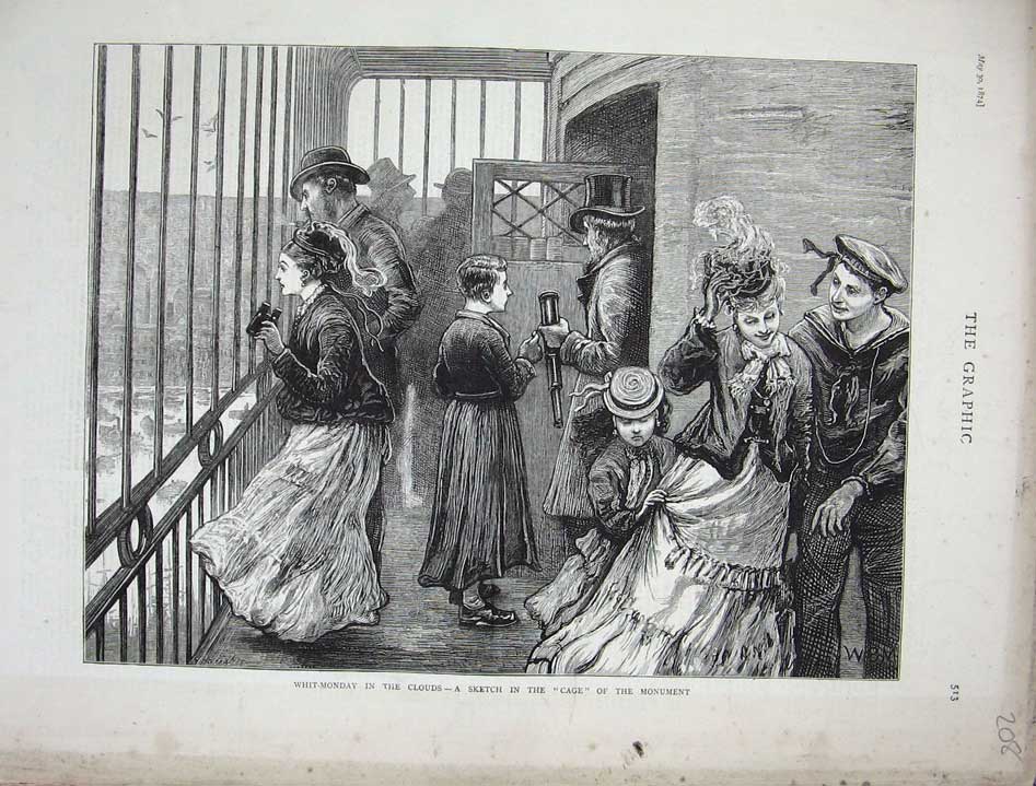 Original Old Antique Print 1874 Whit-Monday Cage Monument People Fine Art 19th