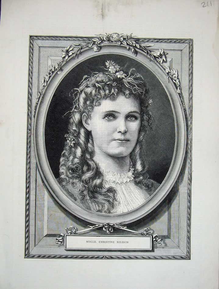 Original Old Antique Print 1870 Portrait Mdlle Christine Nilsson Lady Victorian