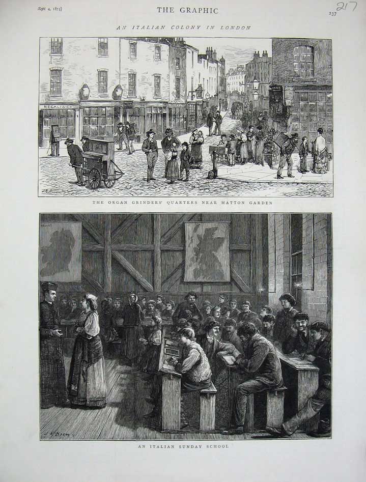 Old Antique Print 1875 Hatton Garden London Italian Sunday School Organ 19th