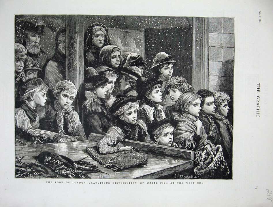 Original Old Antique Print 1882 Poor People London Fish Waste Snow Winter Art