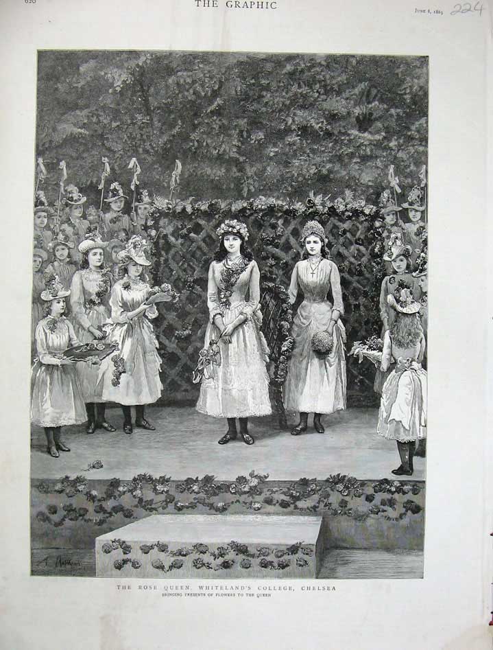 Original Old Antique Print Rose Queen Whiteland'S College Chelsea Flowers 1889