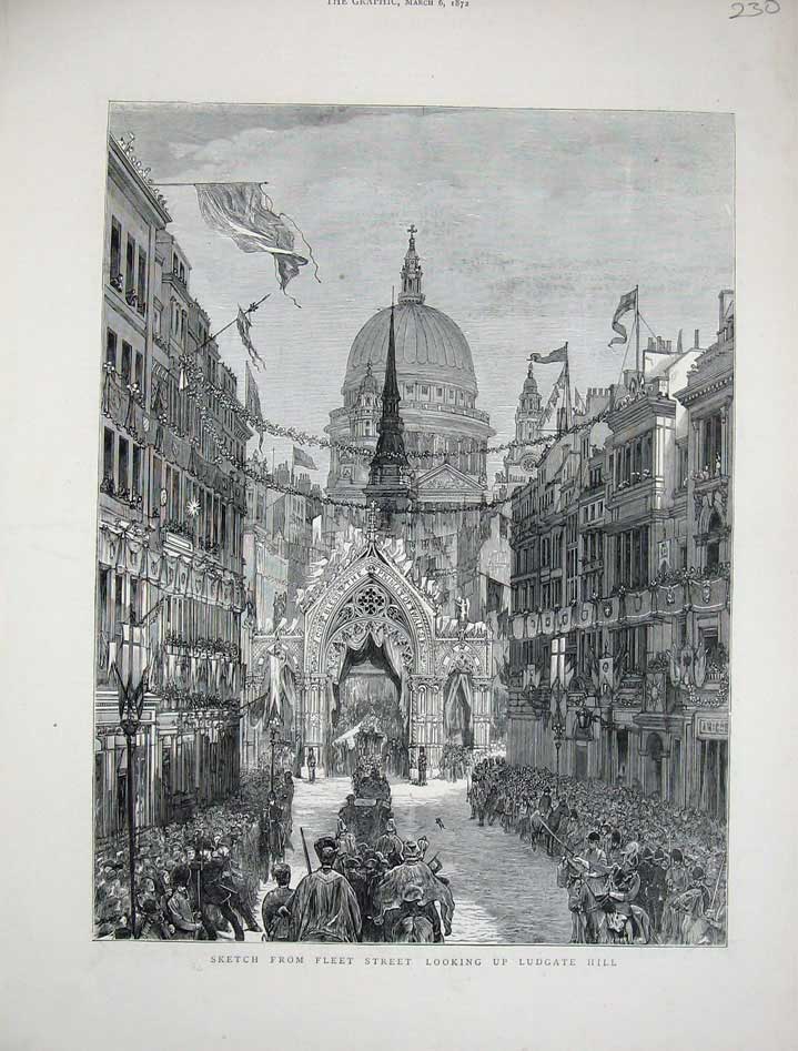 Old Antique Print 1872 Sketch Fleet Street Ludgate Hill London Buildings 19th