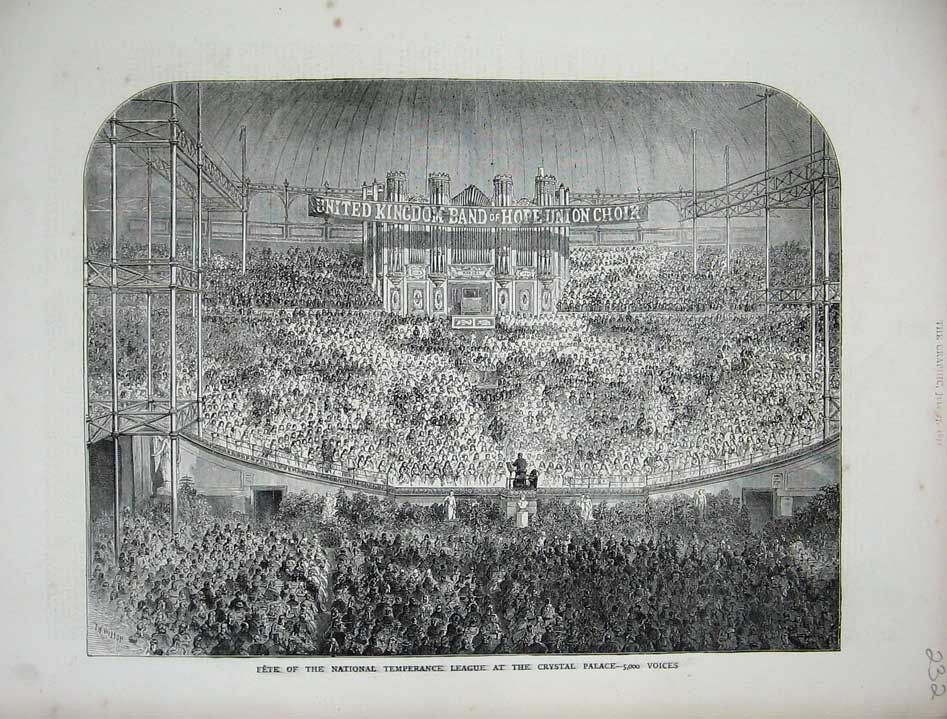Old Antique Print 1872 Fete National Temperence League Crystal Palace Art 19th