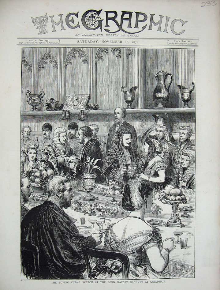 Old Antique Print 1872 Loving Cup Lord Mayor'S Banquet Guildhall London 19th