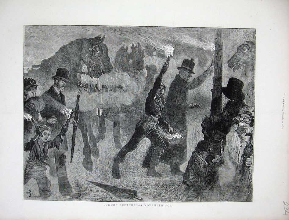Original Old Antique Print 1872 London Street Scene November Fog People Horses