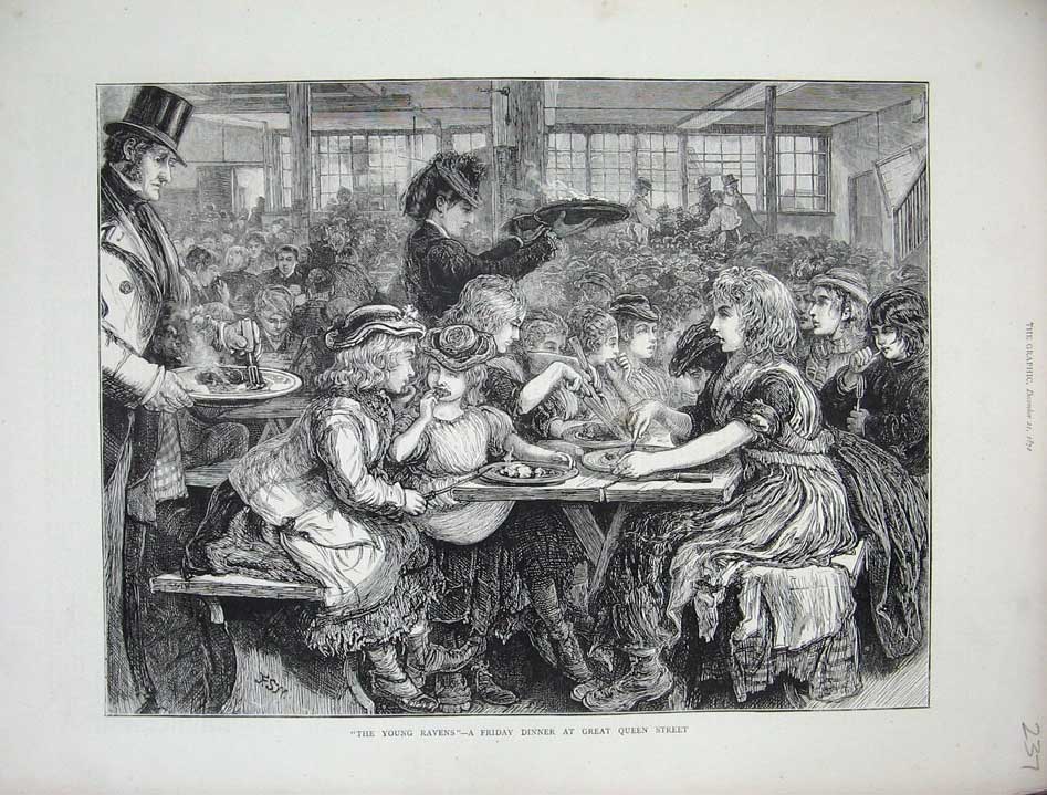 Old Antique Print 1872 Children Ravens Friday Dinner Great Queen Street 19th