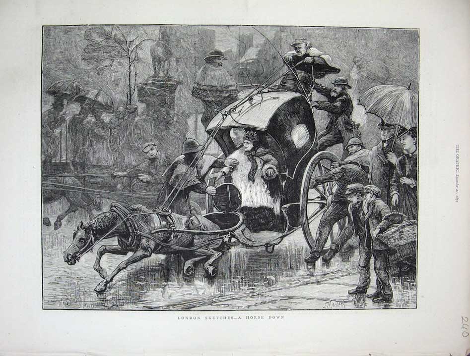 Old Antique Print London Street Scene 1872 Horse Carriage Falling People 19th