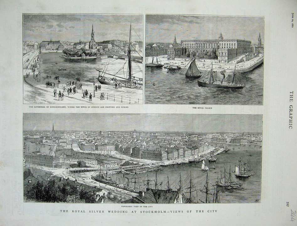 Old Antique Print 1882 Royal Palace Stockholm Cathedral Riddarholem Ship 19th