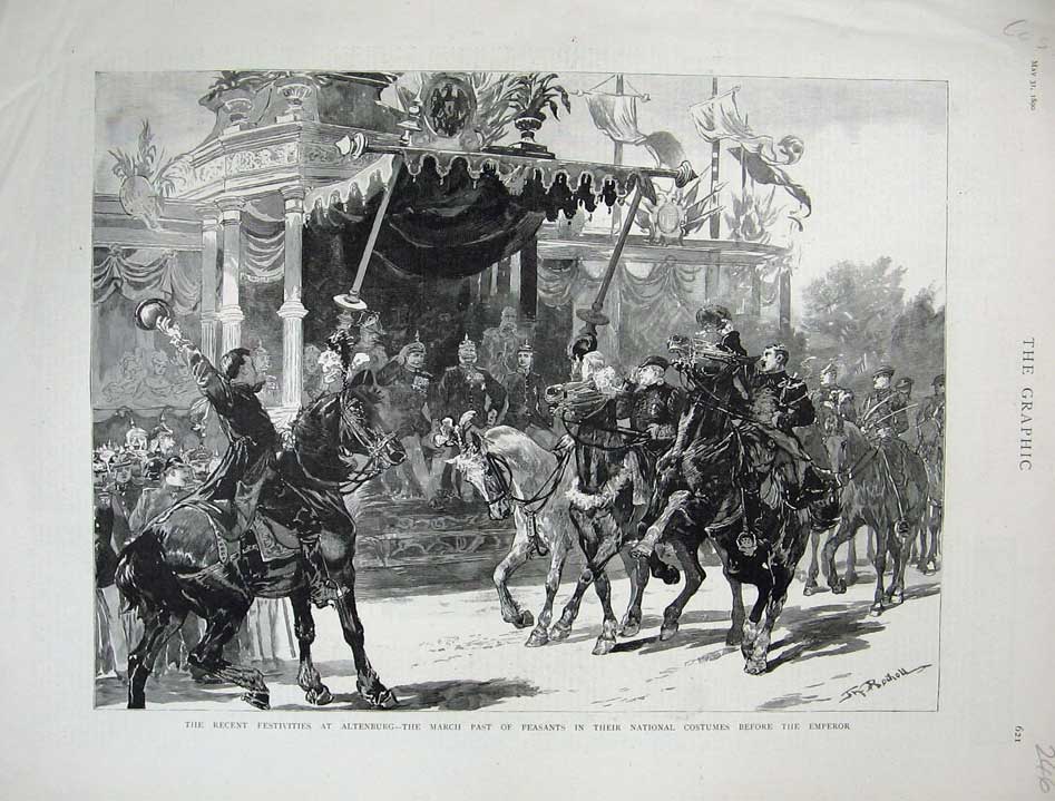 Original Old Antique Print 1890 Festivities Altenburg Peasants Costumes Emperor