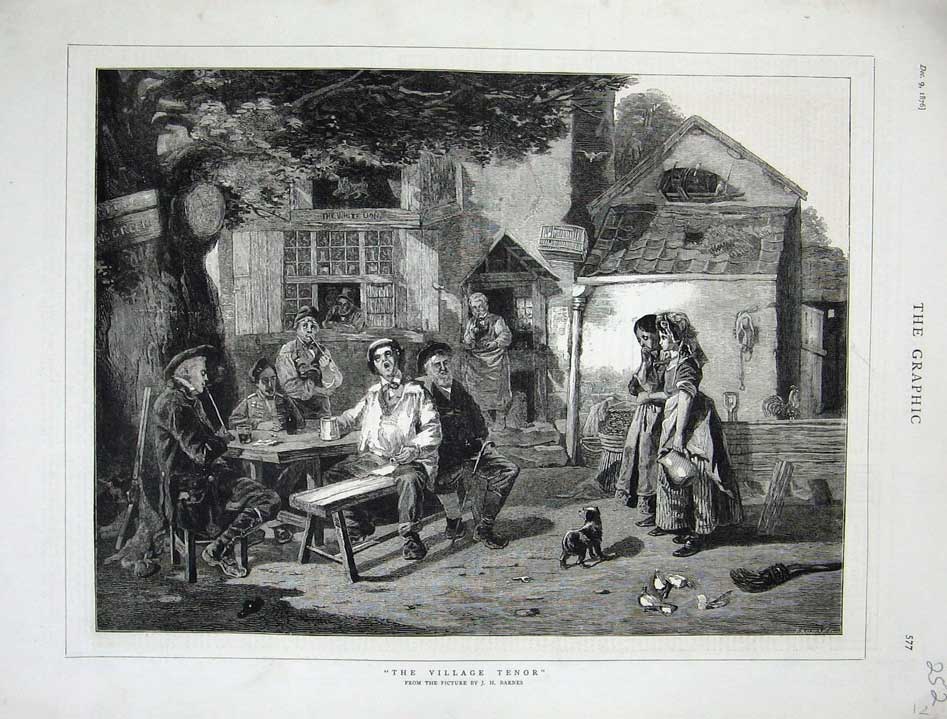 Original Old Antique Print 1876 Barnes Fine Art Village Tenor Man Singing Music