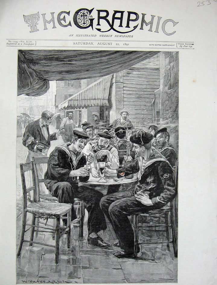 Original Old Antique Print 1891 English French Sailors Port France War Fine Art