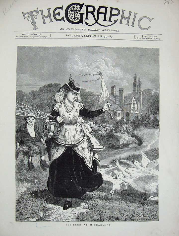 Original Old Antique Print 1871 Michaelmas Young Woman Geese Country Lane 19th