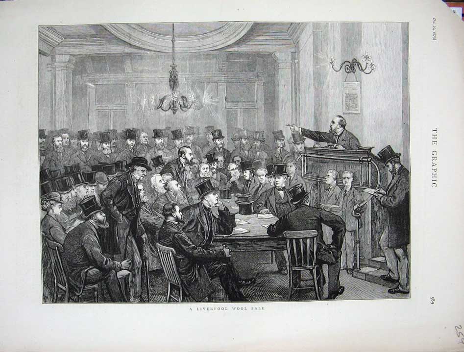 Original Old Antique Print 1873 Liverpool Wool Sale Men Auction 19th