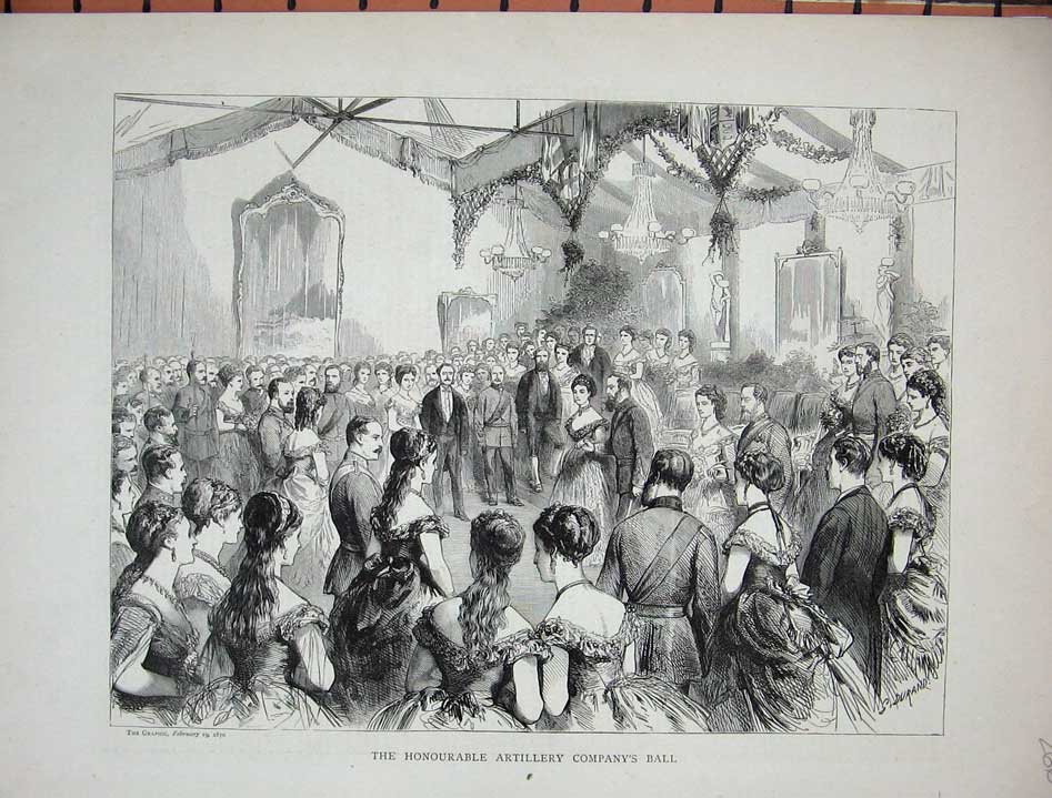 Original Old Antique Print 1870 Honourable Artillery Compnay Ball Dancing Men
